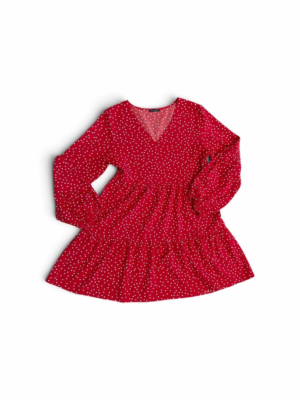 Women's Red Polka Dot Long-Sleeve Tiered Dress puff sleeve size small